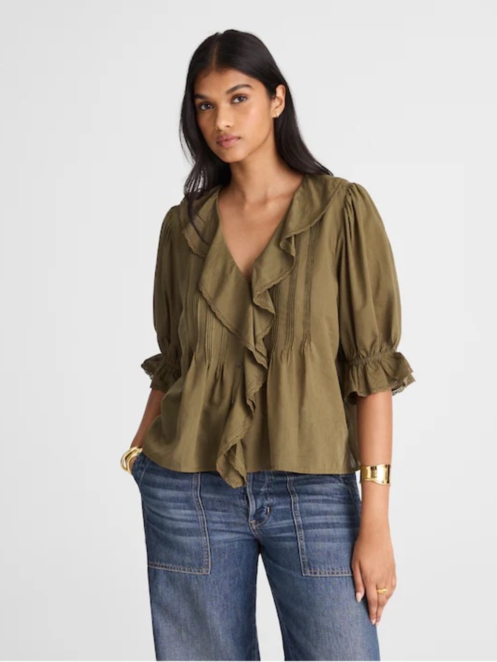 Madewell Pintucked Ruffled Puff-Sleeve Top in Faded Ivy